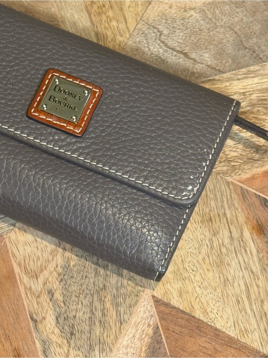 Dooney & Bourke Handbags - Dooney & Bourke Gray Pebbled Leather Fold-Over Wallet with Tan Logo Patch